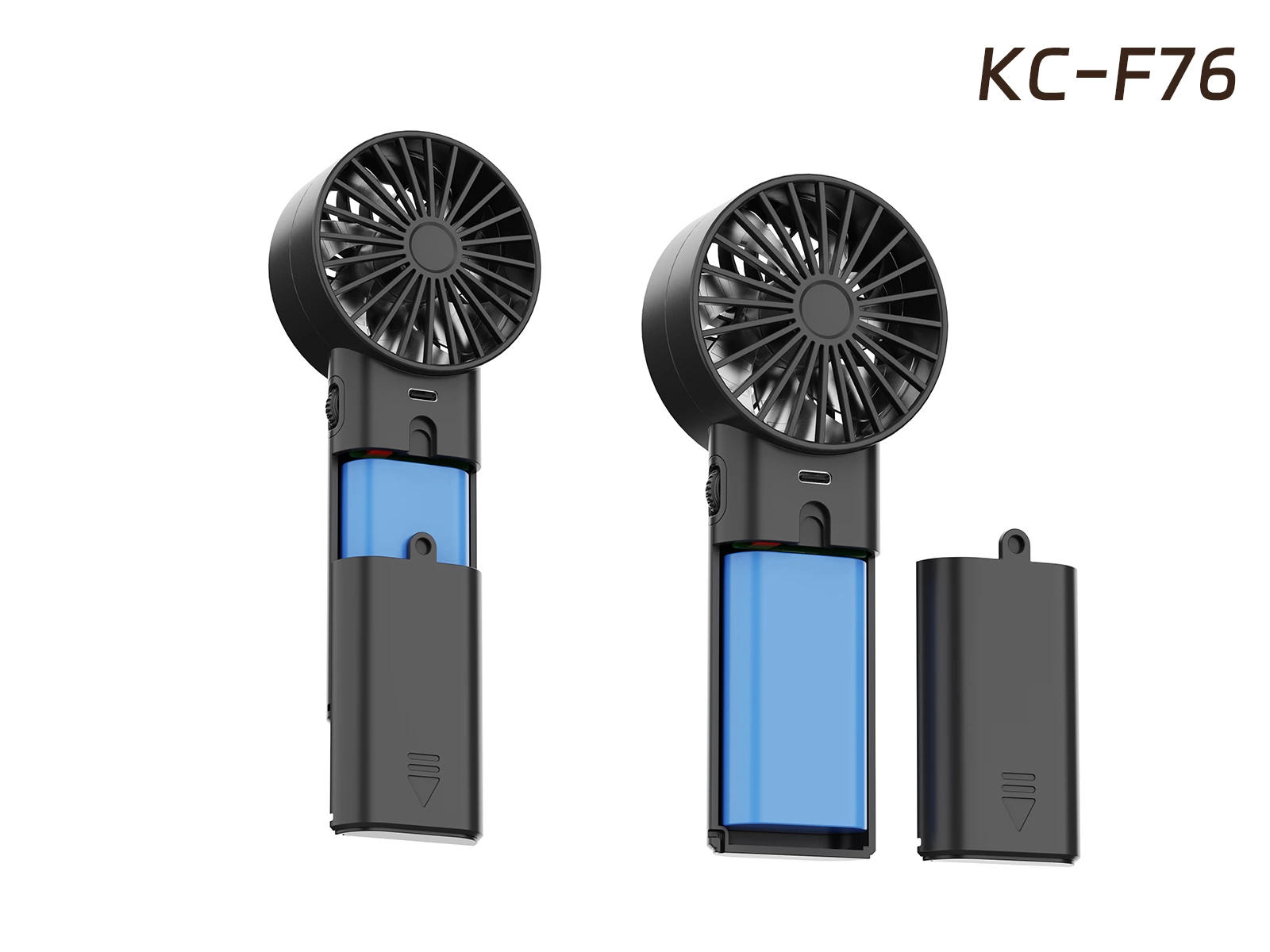 Updated Kinscoter fan handle with the battery compartment open and battery removed